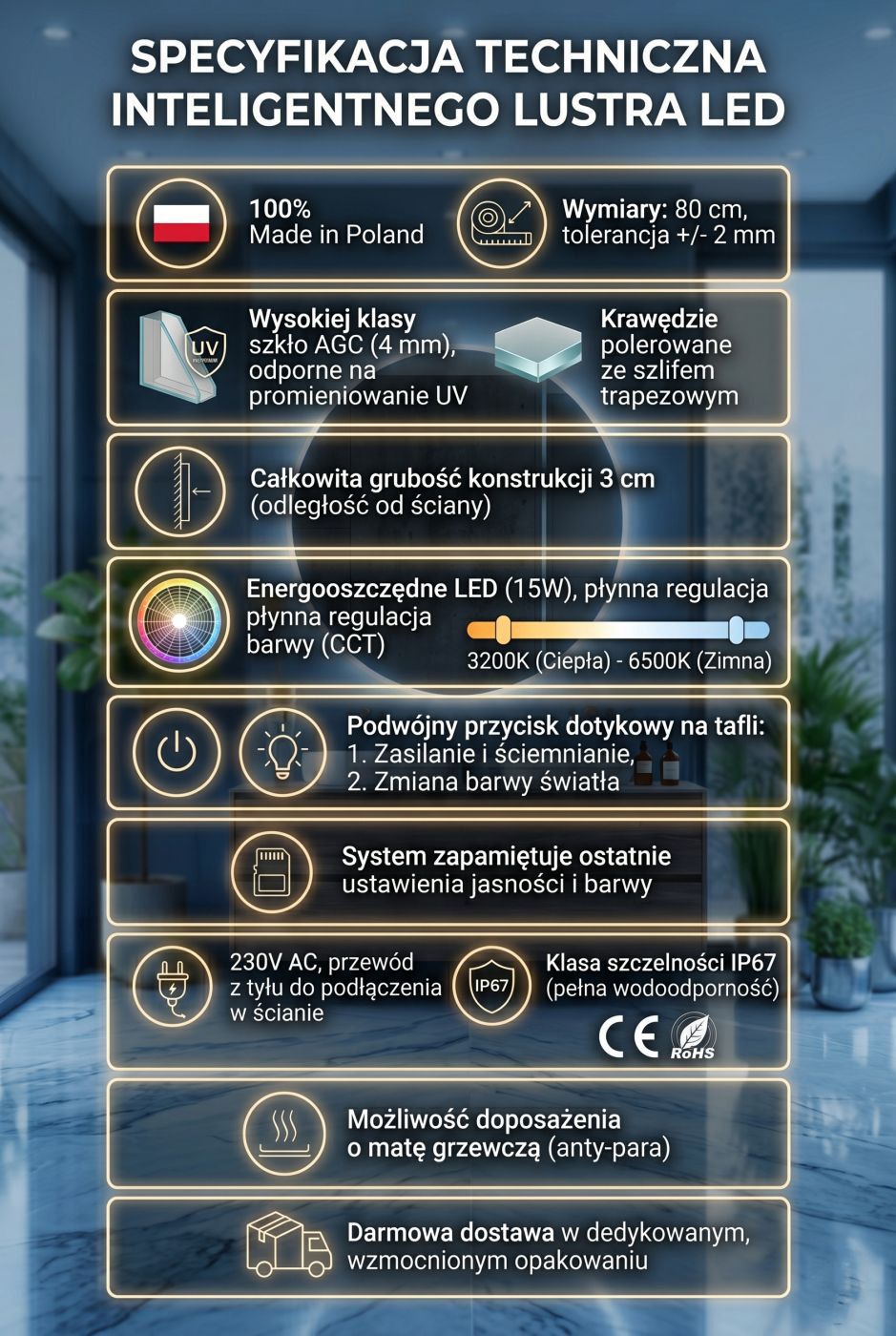 Specyfikacja lustra okrągłego LED 80cm